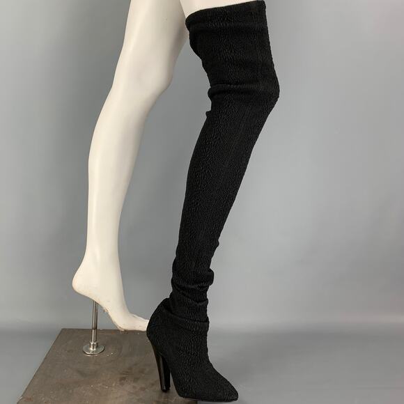 SAINT LAURENT Size 8 Black Jacquard Camvas Over-The-Knee Boots - Picture 1 of 5